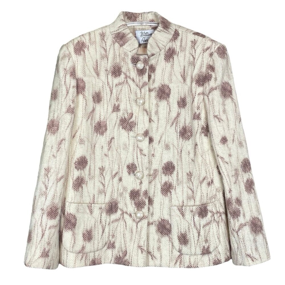 Vtg William Pearson Tweed Knit Floral Buttoned Blazer Jacket Cream Ivory Size 8